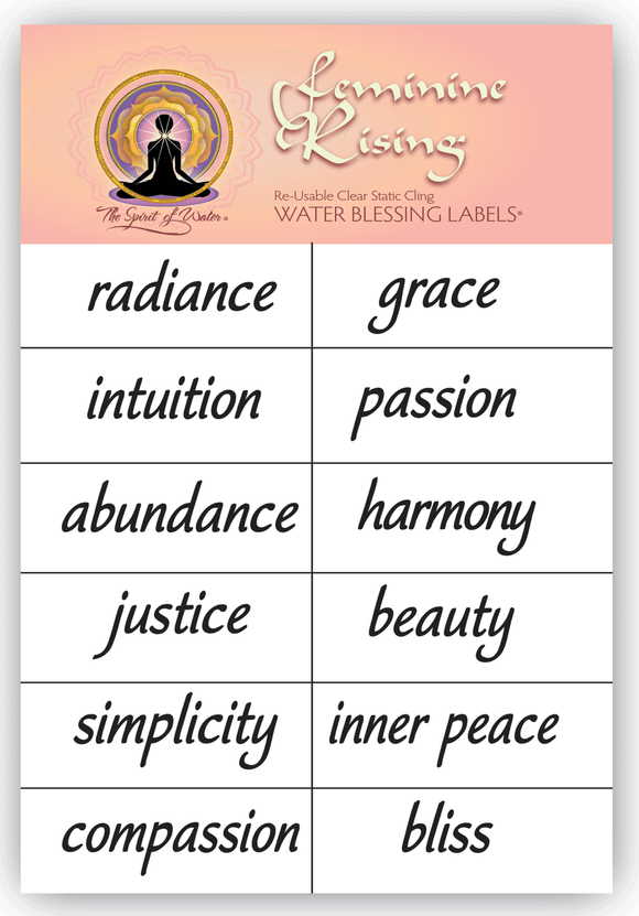 12 water blessing labels presented on a pink backer card with descriptions of each word. Back of card is suitable for display on an altar with beautiful art and inspirational message.