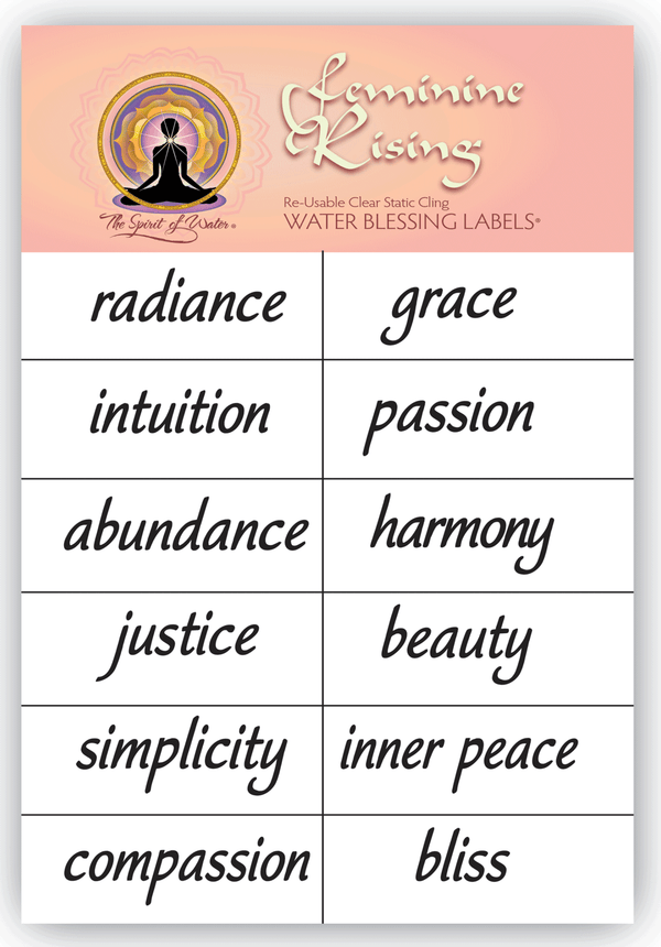 12 water blessing labels presented on a pink backer card with descriptions of each word. Back of card is suitable for display on an altar with beautiful art and inspirational message.